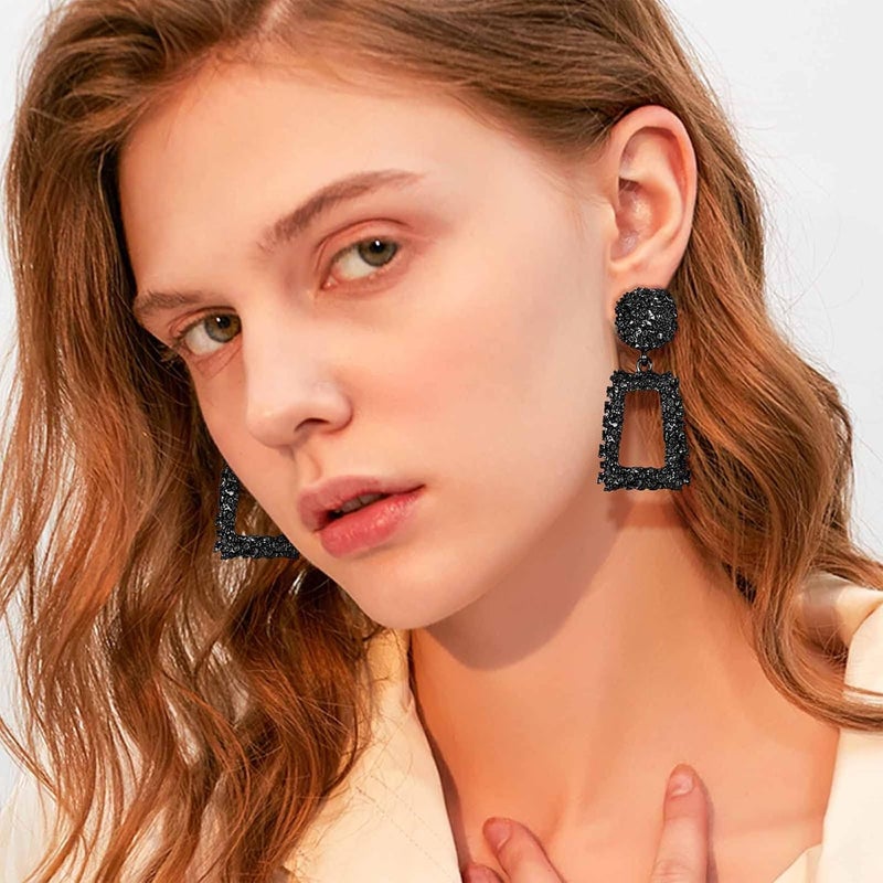 Jstyle Gold Statement Clip On Earrings for Women, Big Rectangle Geometric Dangle Clip Earrings Fashion Large Gold Silver Hot Pink Drop Earrings for Women Non Pierced - Image 3